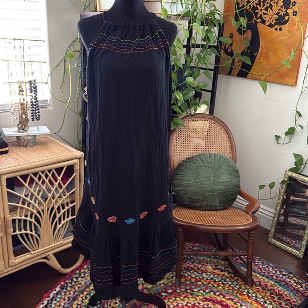 Sundry Black Floral Embroidered Shoulder Tie Ruffle Hem Boho Midi Maxi Dress